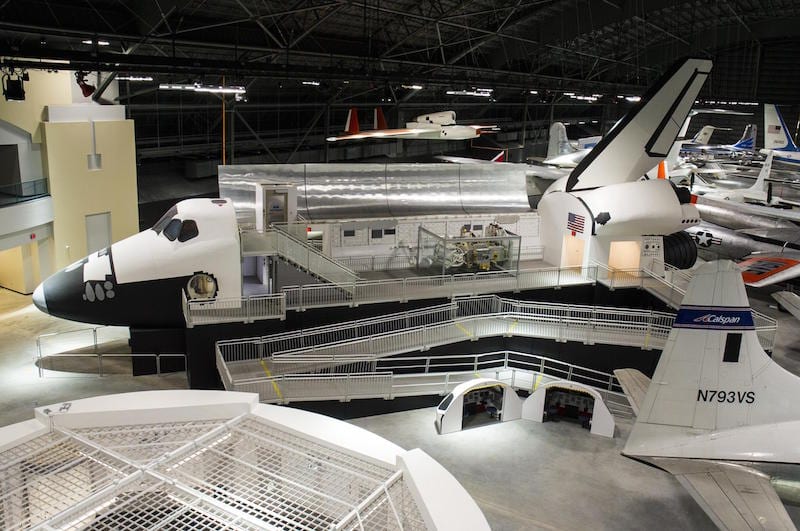 An overhead view of the Space Shuttle Exhibit at the National Museum of the United States Air Force. The fourth building includes more than 70 aircraft in four new galleries.