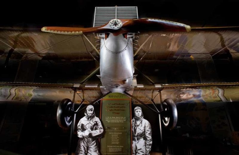 A front view of the Douglas World Cruiser Chicago on display in the Baron Hilton Pioneers of Flight Gallery. NASM photos by Eric Long.