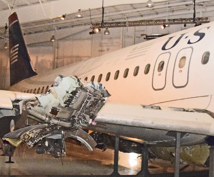 Damage to the right engine from the forced landing in the Hudson River is evident on the Airbus A320 that was piloted by Capt. Chesley Sullenberger.