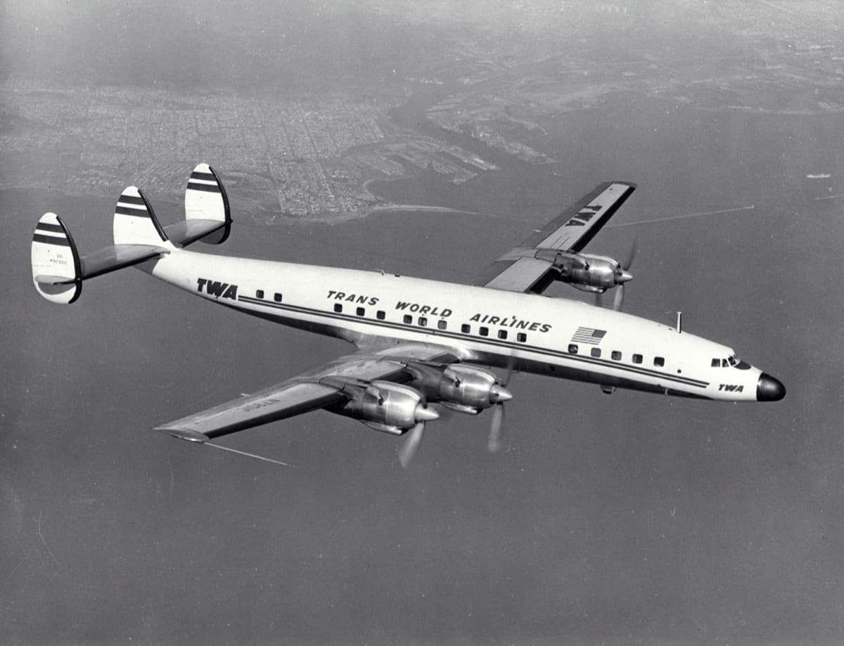 Vintage TWA Lockheed L-1649 Constellation Starliner airliner during a historic NASA test flight