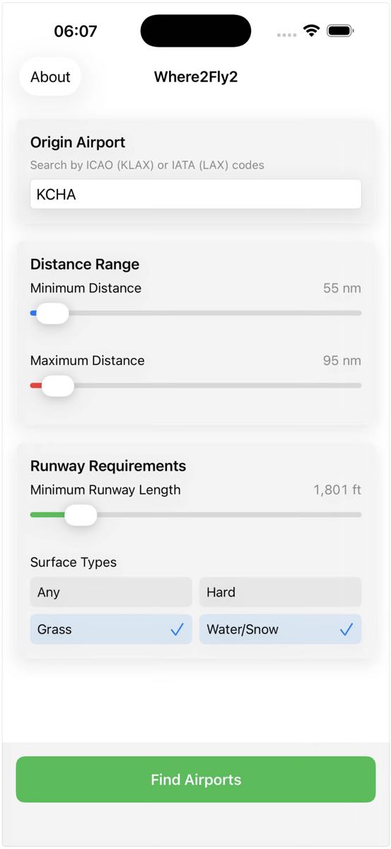Where2Fly2 App filter view
