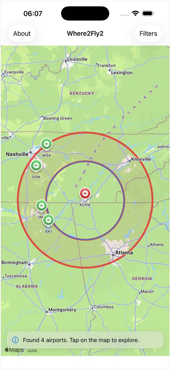 Where2Fly2 App map view