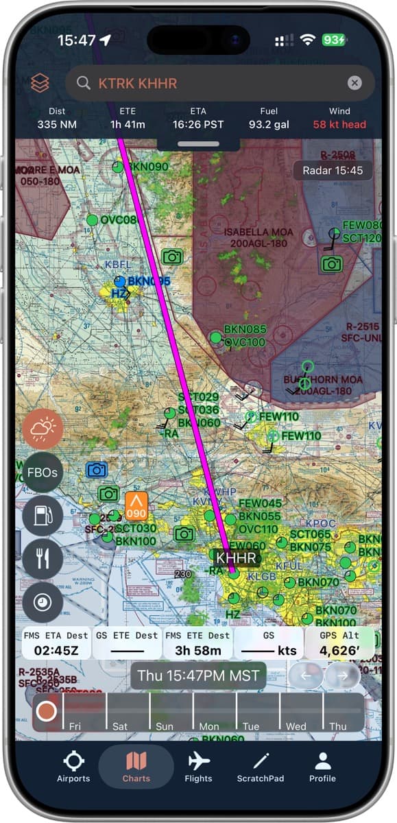 METAR and TAF details, as well as PIREPS and color-coded weather cameras, are placed right on the map to make things easier.