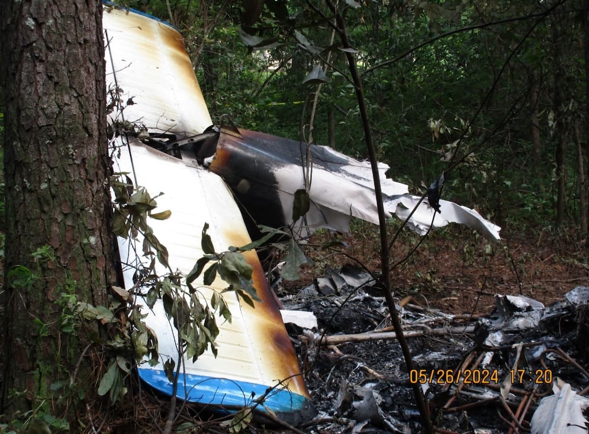 Separated empennage section of a Piper PA-28 resting in a wooded accident site.