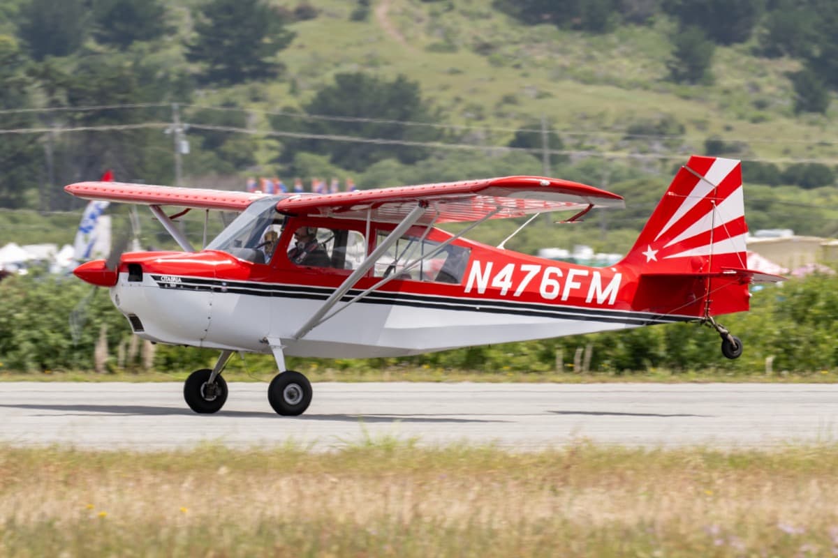A Bellanca Citabria takes off at the Pacific Coast Dream Machines Show at Half Moon Bay.
