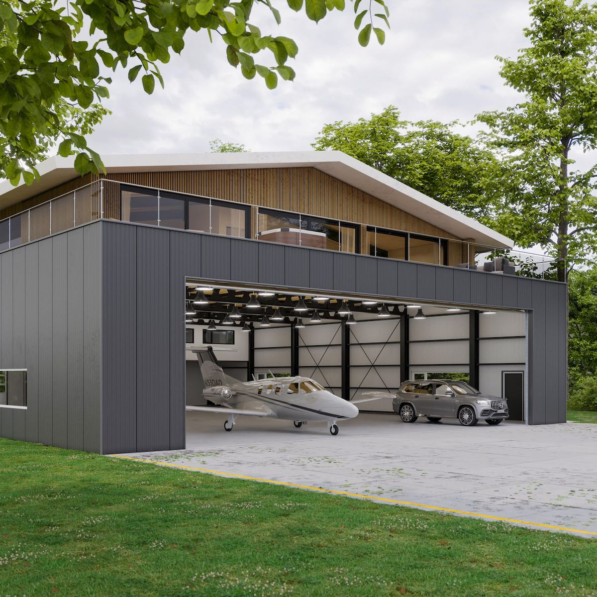 Architectural rendering of a premium integrated hangar home featuring a twin-engine aircraft parked inside an open-door private hangar structure.