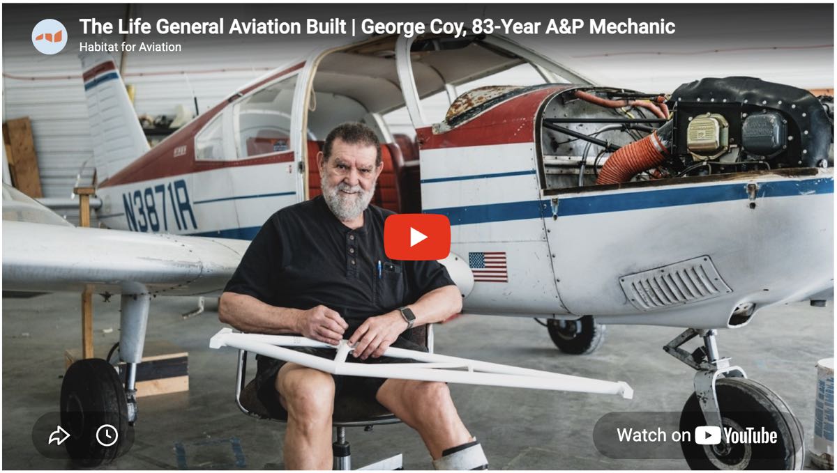 83-year-old Vermont A&P mechanic and pilot George Coy working on an aircraft chassis