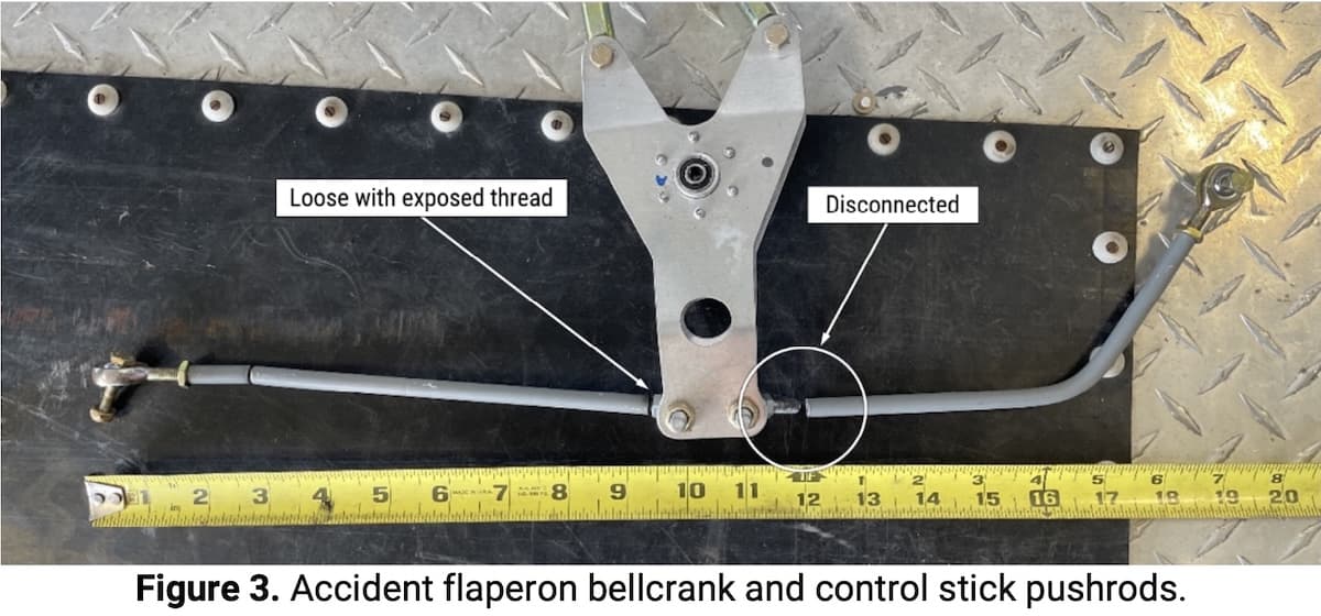 NTSB investigation photo of the improperly installed Van's RV-12 flaperon mixer bellcrank and disconnected pushrods.