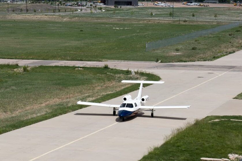 Rare Maverick TwinJet 1500 taxiing to the hangar at the Aims Aircraft Maintenance Center.