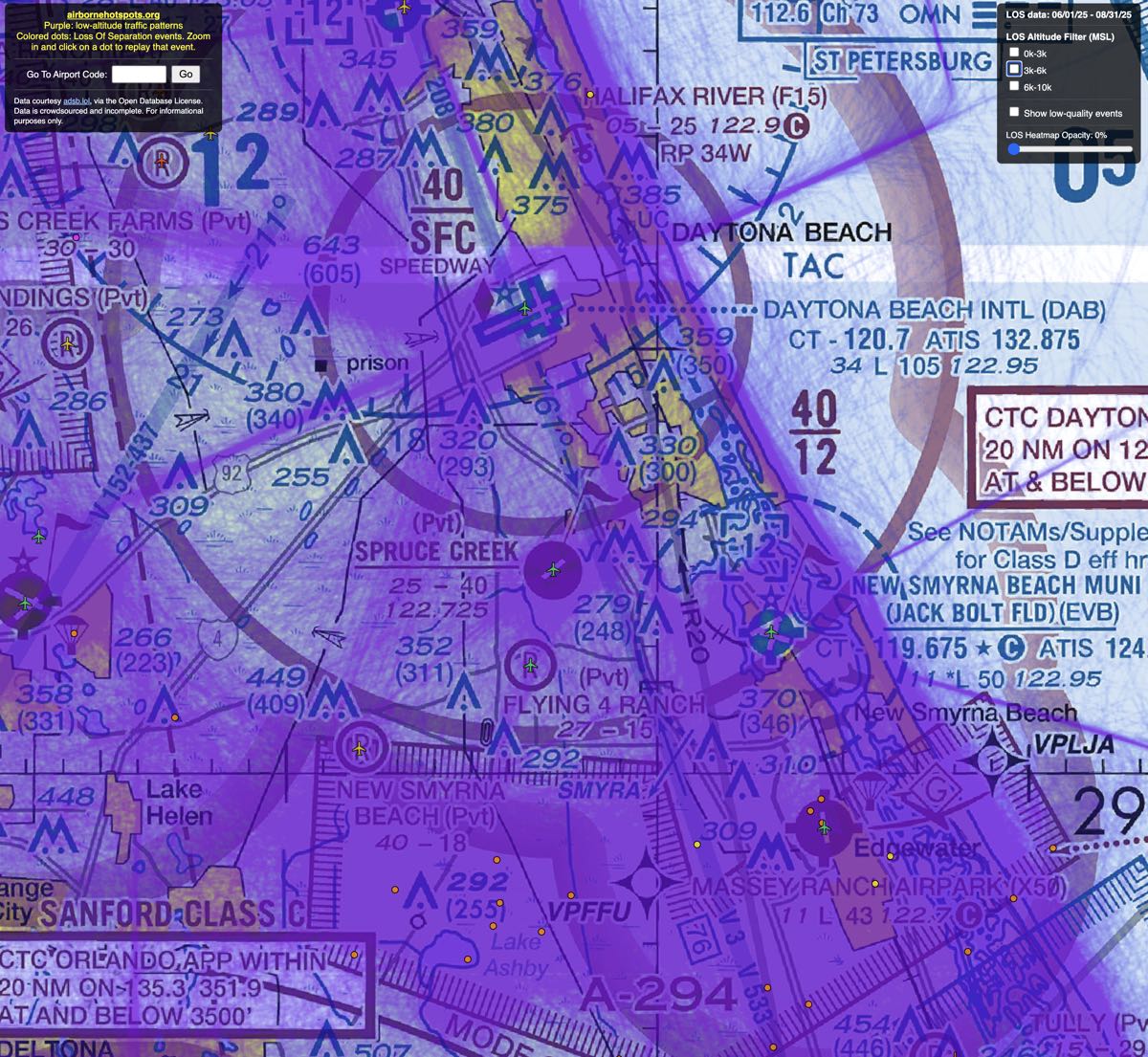 Airborne Hotspots map displaying ADS-B air traffic and loss-of-separation data near Spruce Creek Airpark and Daytona Beach Class C airspace.