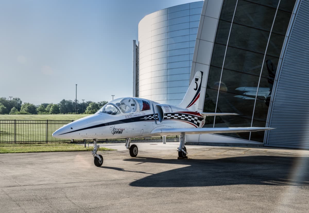 The Aero L-39C Albatros American Spirit Reno jet racer arriving at the Steven F. Udvar-Hazy Center.