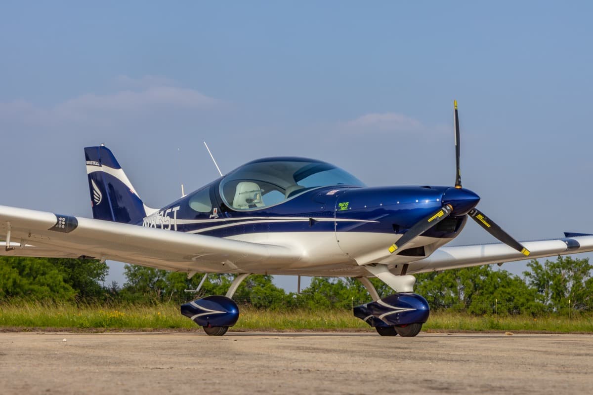 A Bristell NG5 light sport aircraft parked on the ramp at Velocity Squared Aviation Academy.