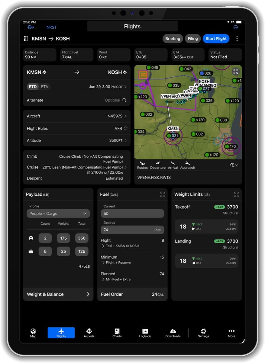 Garmin Pilot app redesigned Flights page showing route planning and weight and balance data.